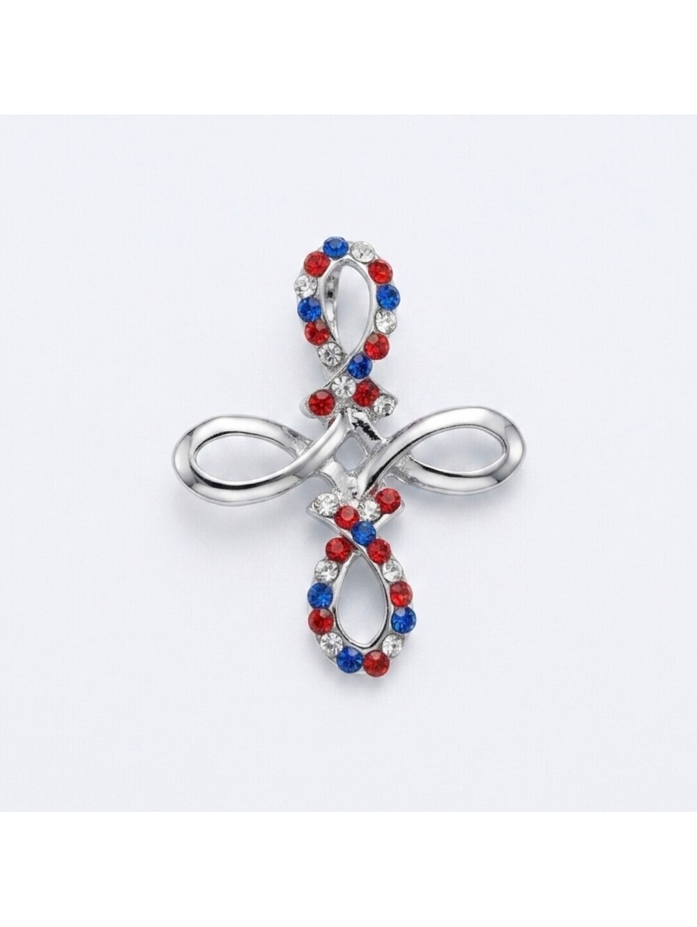 Patriotic Red White Blue Rhinestone Ribbon Cross Pendant Necklace Silver Tone